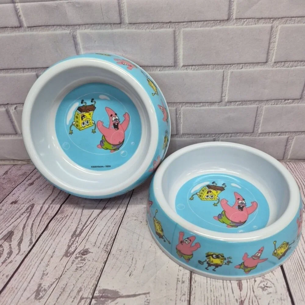 SpongeBob SquarePants Pet Bowl Dog Cat Food Water Dish, Blue, 7in Dia, Lot Of 2